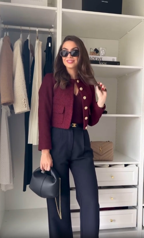Women's Bordeaux Tweed Three-Piece Set – Elegant Jacket Outfit