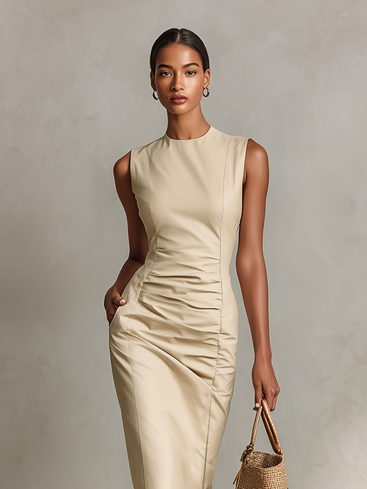 Beige Fitted Midi Dress with Textured Fabric