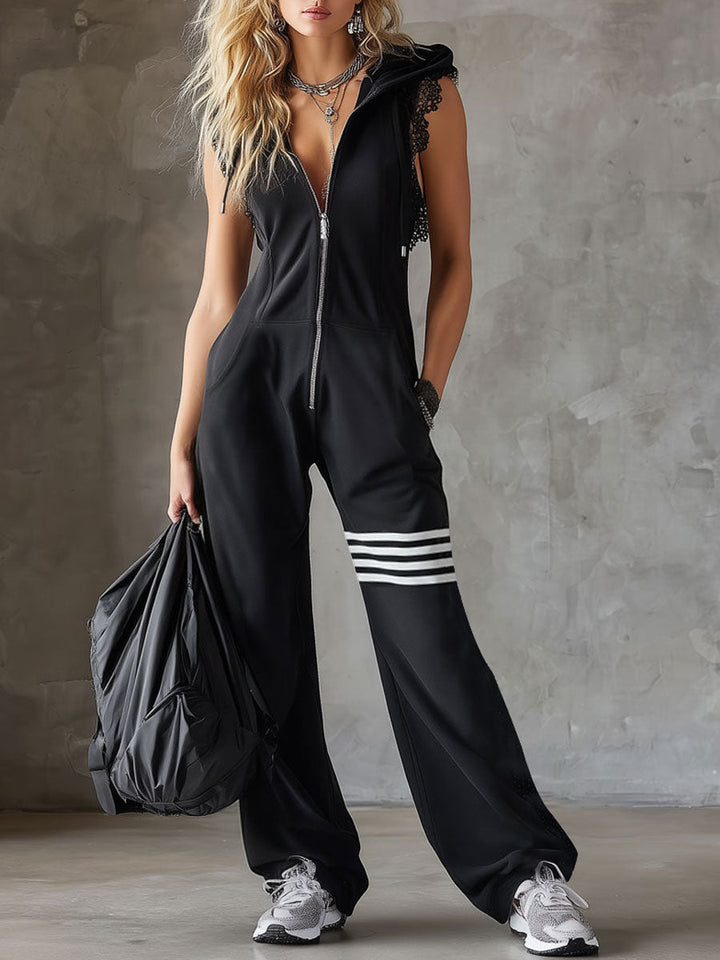 Women's Sleeveless Long Jumpsuit - Hoodie Striped Casual Outfit