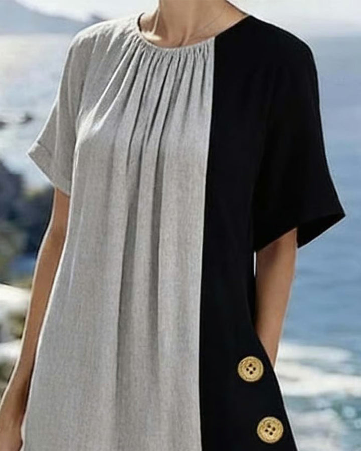 Lässiges Langes Kleid mit Rundhals und Kontrast-Detail