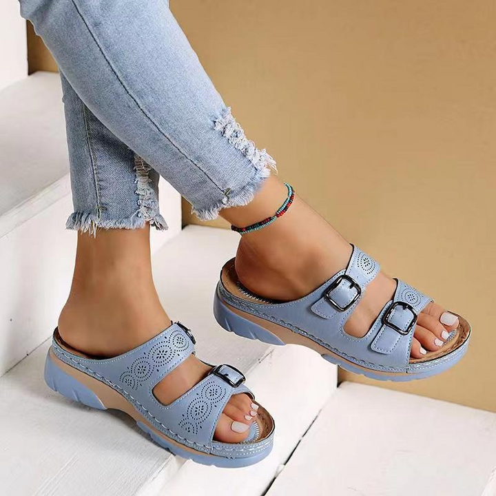 Sandalias abiertas de cuero para mujer con hebillas – Zapatos ortopédicos de verano cómodos