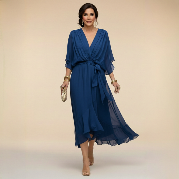 Elegant flared chiffon midi dress with V-neck and belt for women – Perfect dress for wedding guests
