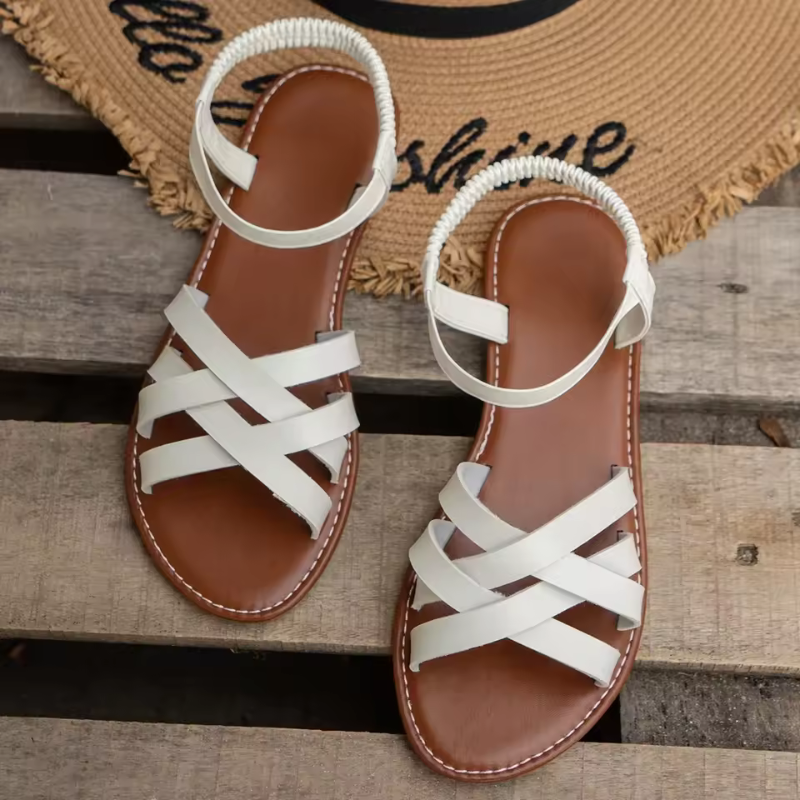 Sandales plates en cuir pour femmes avec brides croisées – Chaussures d'été élégantes et confortables