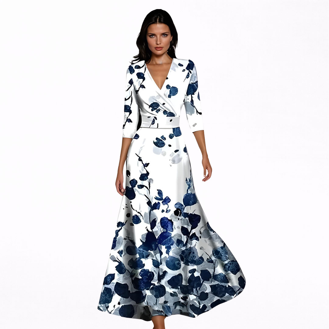 Women's V-Neck Long Sleeve Floral Maxi Dress - Wrap Elegant Style