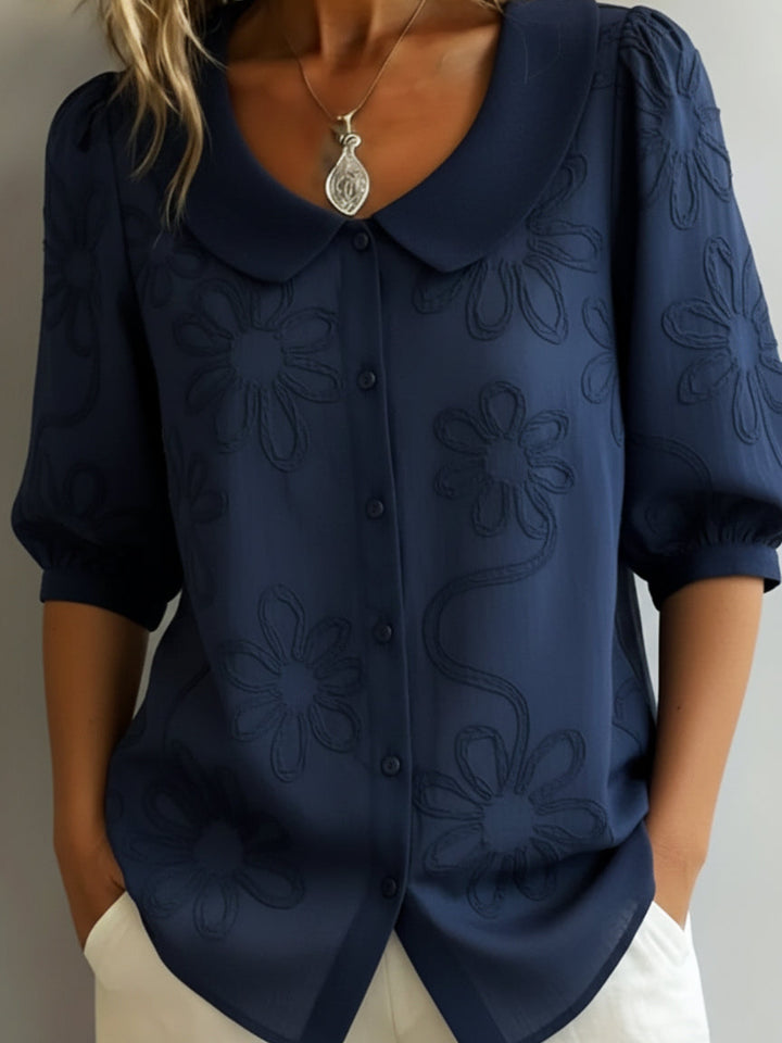 Blusa de mujer con bordado floral y cuello Peter Pan – Top vintage ligero