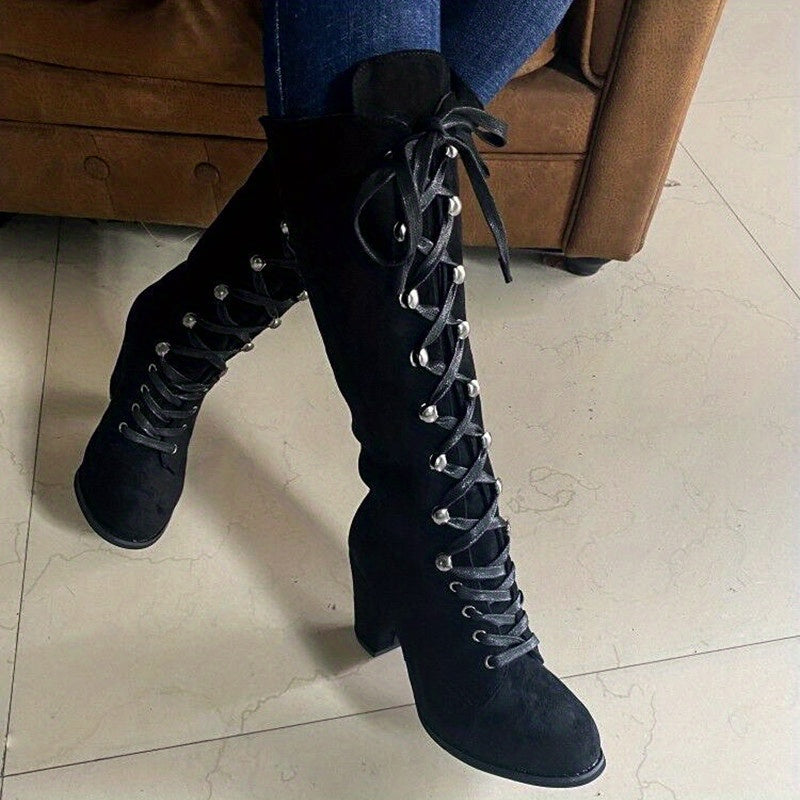 Sabine | Damen Hohe Schnürstiefel mit Blockabsatz