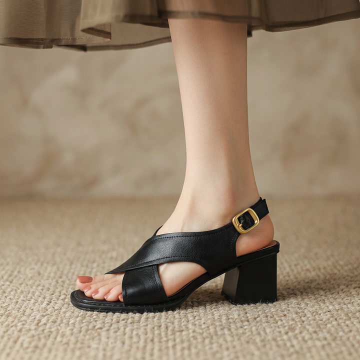 Women's Open Block Heel Leather Sandals