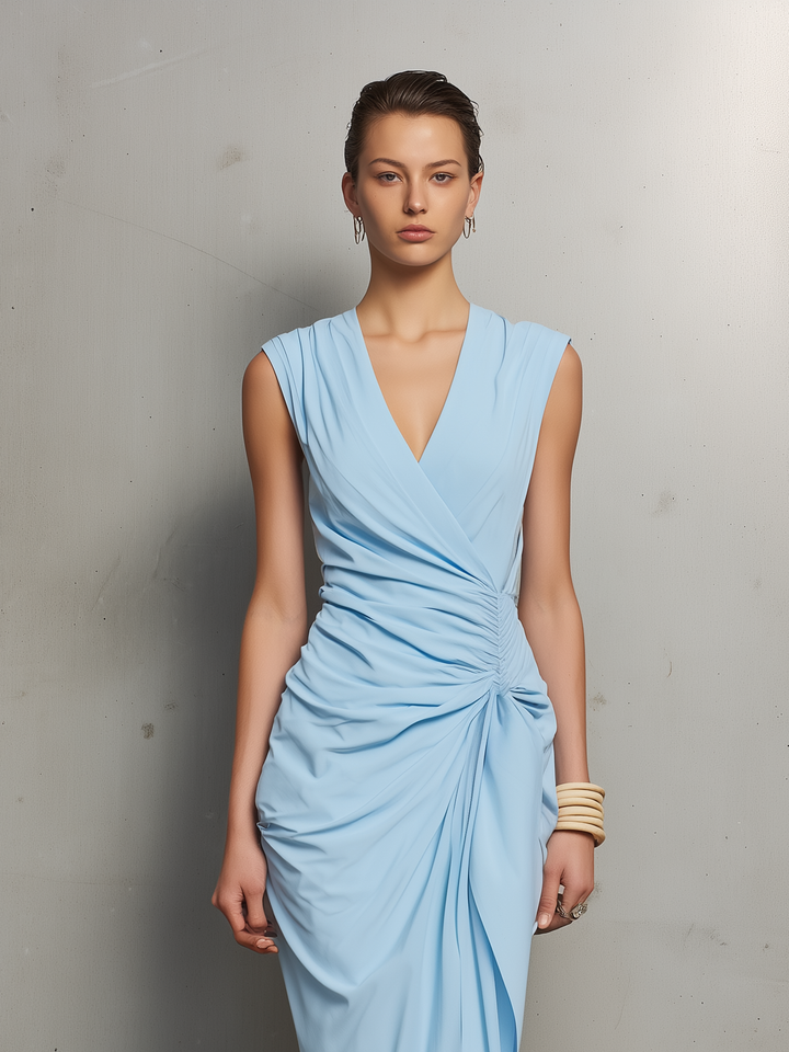 Hellblaues Stretch-Midikleid mit V-Ausschnitt