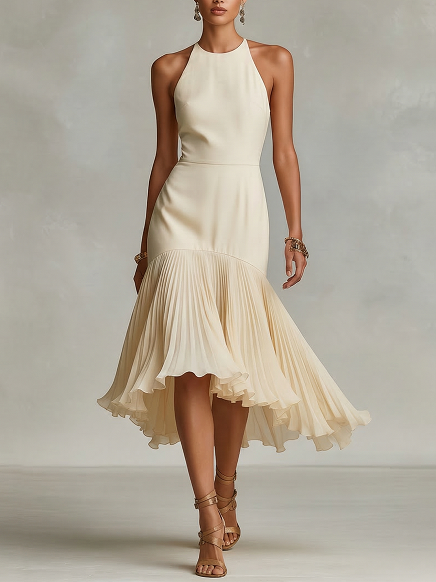 Elegant halter-neck midi dress made of crepe in ivory