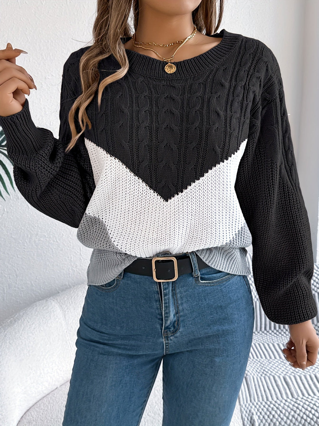 Blythe | Damen Pullover Color-Block mit Rundhalsausschnitt