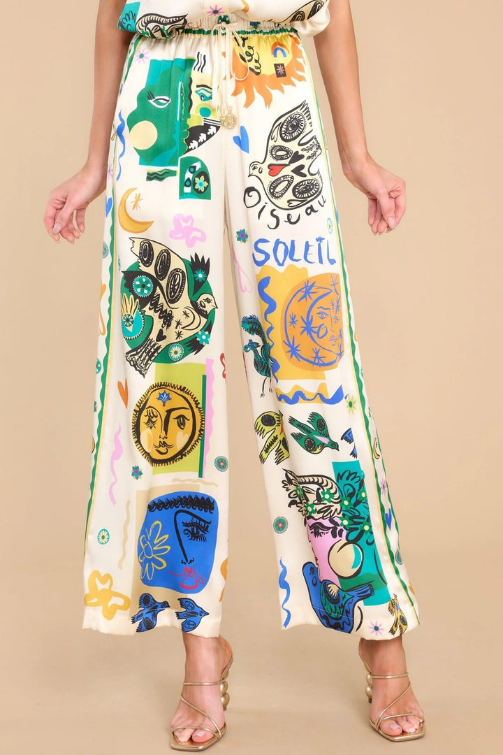 Women's Oversized Ivory Print Shirt and Pants Set – Casual Chic Outfit