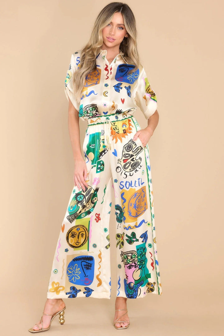 Women's Oversized Ivory Print Shirt and Pants Set – Casual Chic Outfit