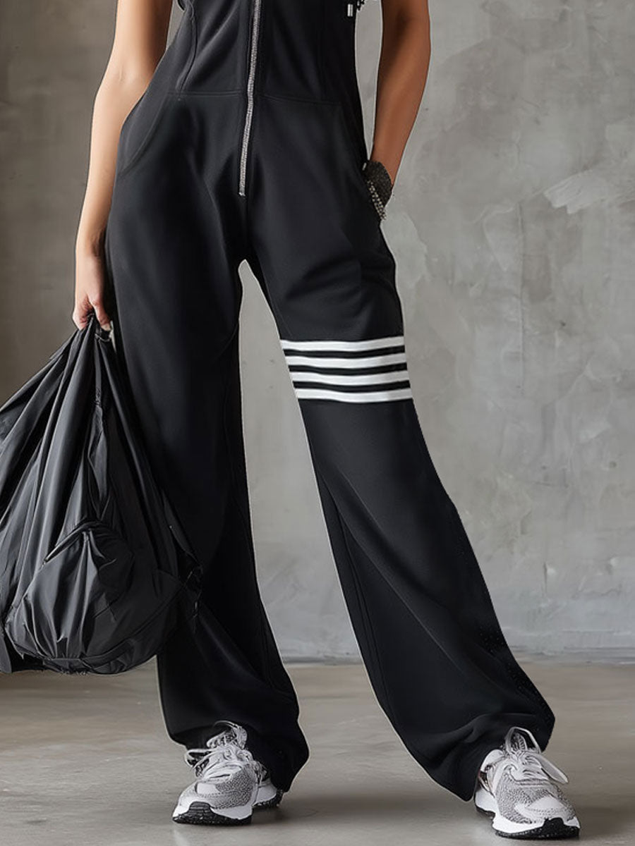 Women's Sleeveless Long Jumpsuit - Hoodie Striped Casual Outfit