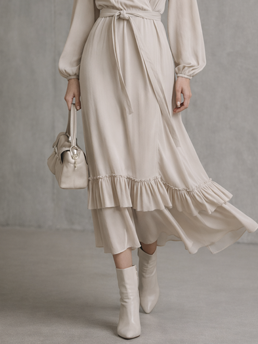 Beiges Wickel-Midikleid mit Volantsaum und Bindegürtel