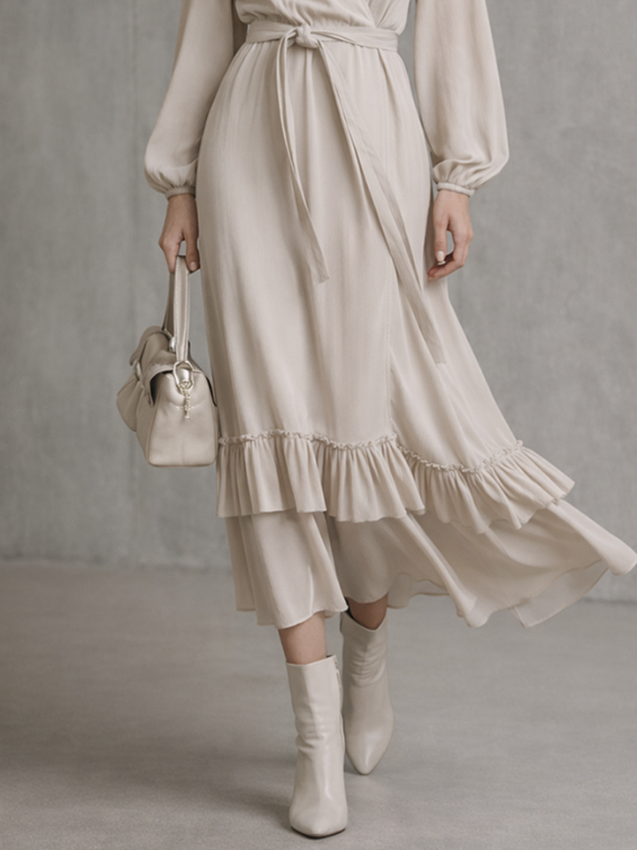 Beiges Wickel-Midikleid mit Volantsaum und Bindegürtel