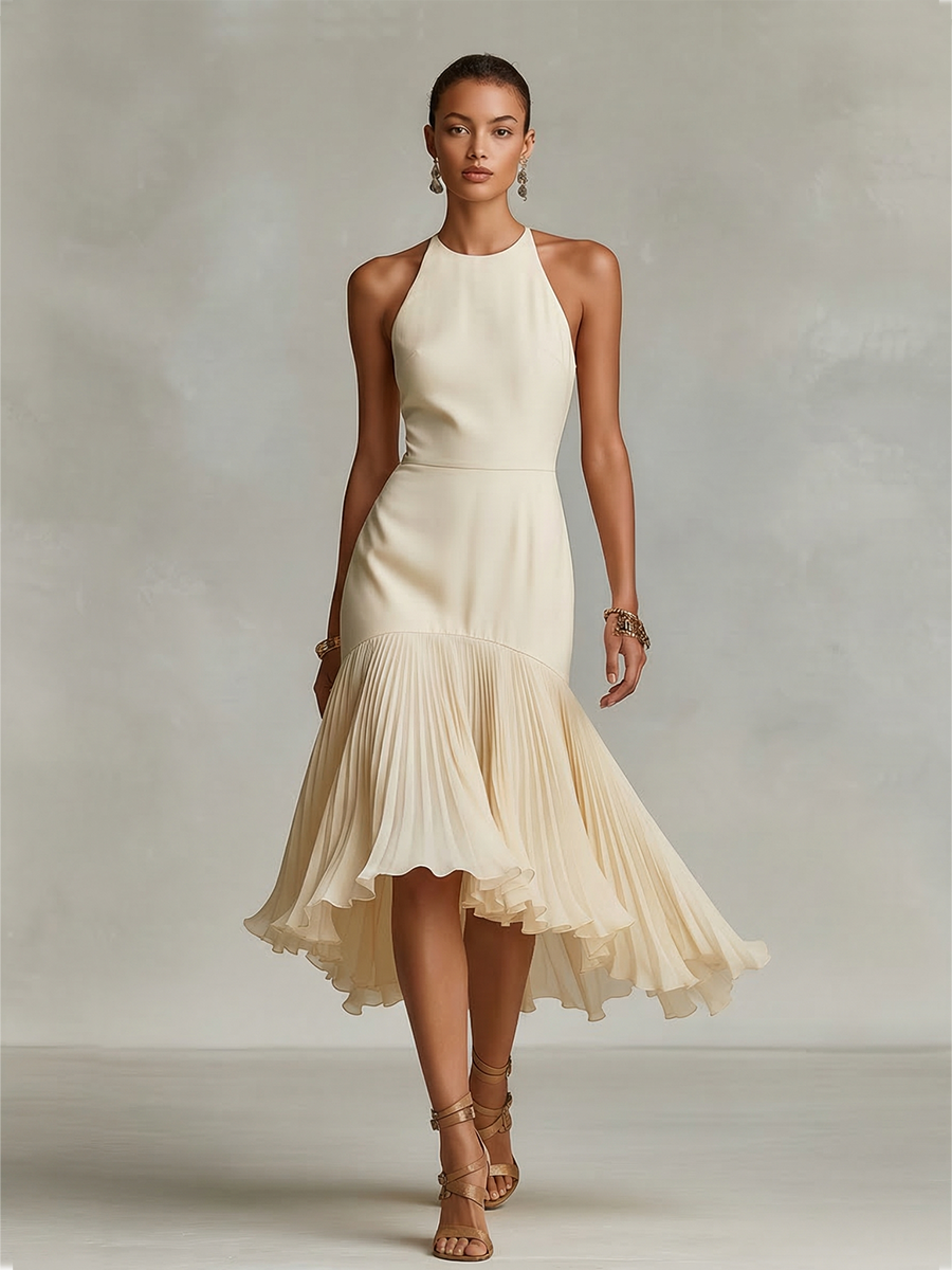 Elegant halter-neck midi dress made of crepe in ivory