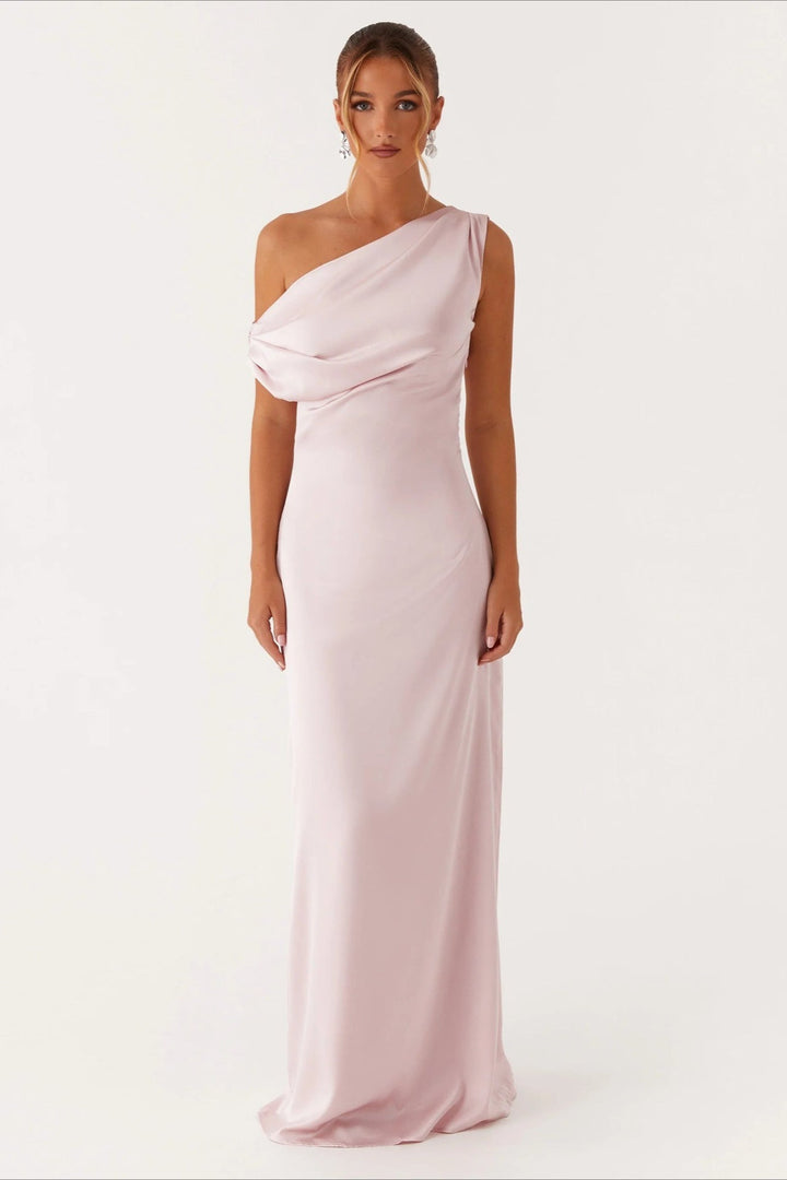 Women's Solid Color Maxi Dress with Asymmetric Neckline – Evening Dress