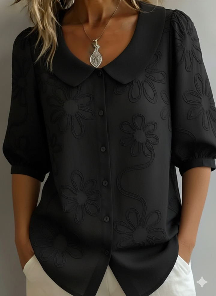 Blusa de mujer con bordado floral y cuello Peter Pan – Top vintage ligero