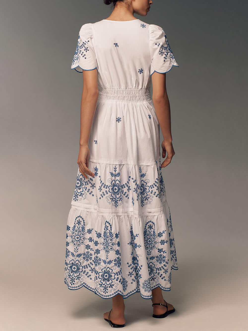 Vestido largo fluido estampado para mujer con cintura fruncida – Vestido de verano elegante
