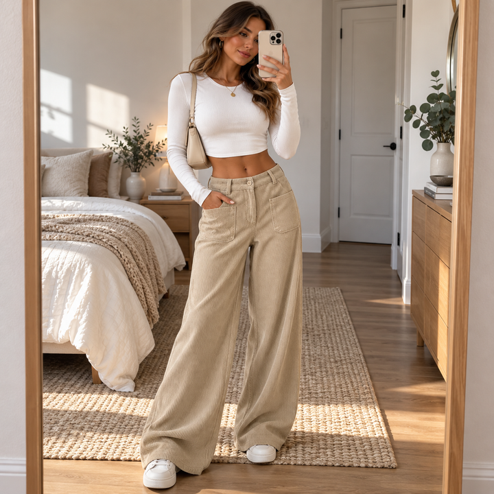 Damen Cordhose Hohe Taille Weites Bein Stretch