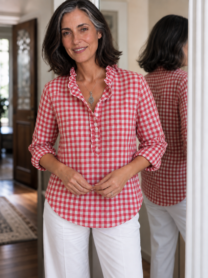 Damen Karo Bluse Mit Rüschenkragen
