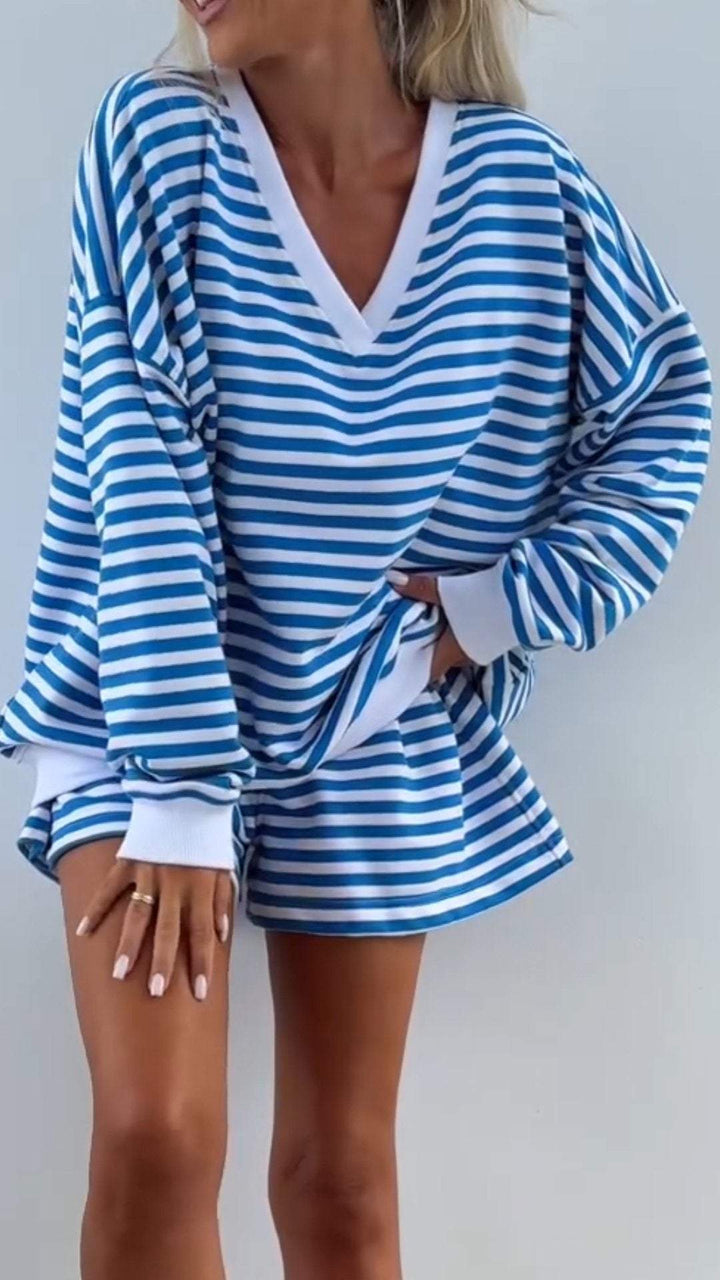 Ensemble deux pièces rayé à manches longues pour femme avec col en V – Tenue décontractée