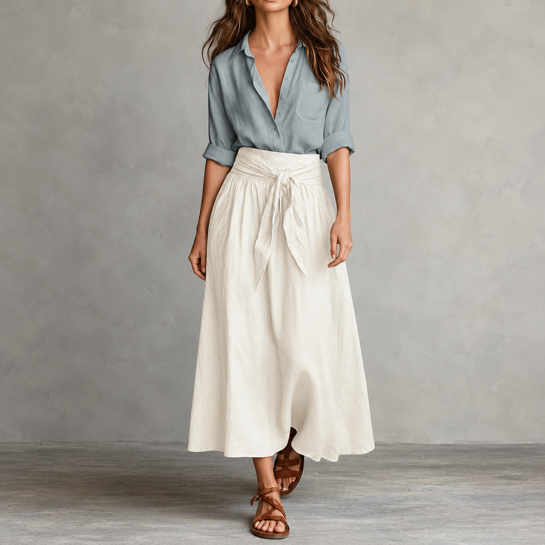 Olive Onyx | Damen Zweiteiler Knopfhemd und Midirock mit Bindegürtel