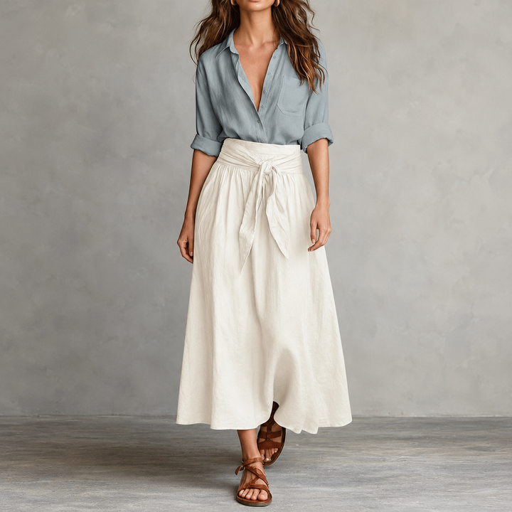 Olive Onyx | Damen Zweiteiler Knopfhemd und Midirock mit Bindegürtel