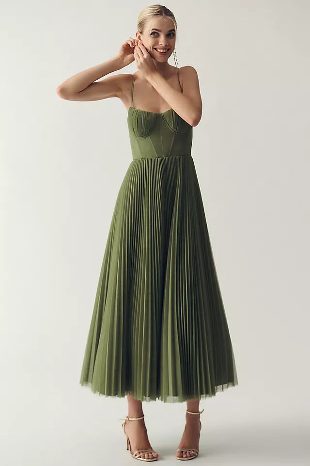 Women's Pleated Corset Midi Dress – Elegant Sleeveless Evening Dinner Dress