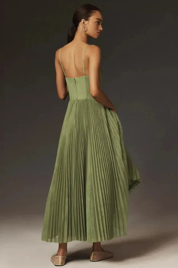 Women's Pleated Corset Midi Dress – Elegant Sleeveless Evening Dinner Dress