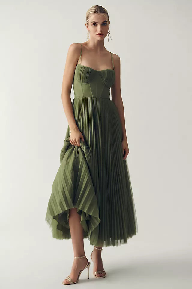 Women's Pleated Corset Midi Dress – Elegant Sleeveless Evening Dinner Dress