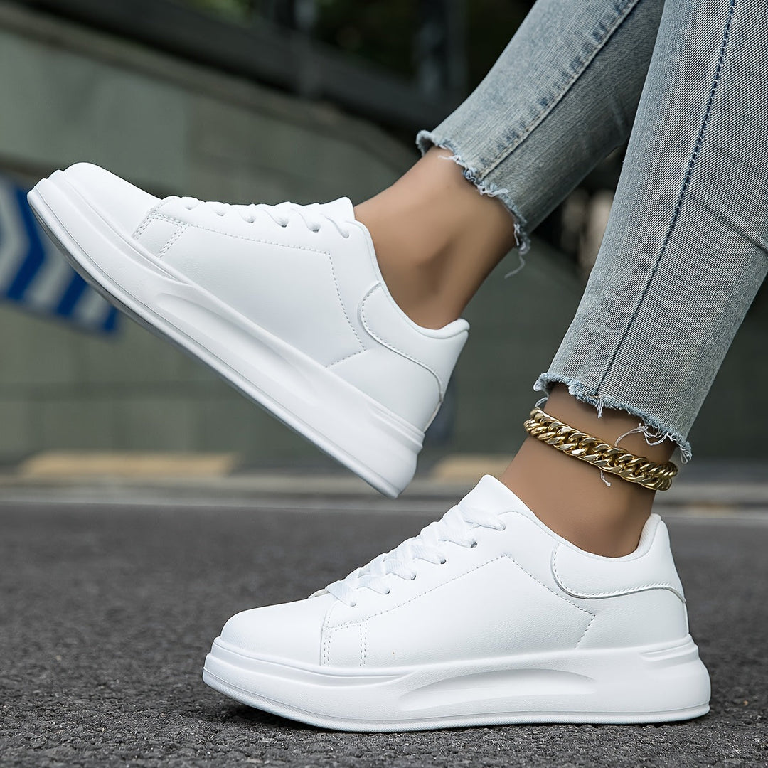 Damen Weiße Textil Schnür-Sneaker – Lässige Orthopädische Walking Turnschuhe