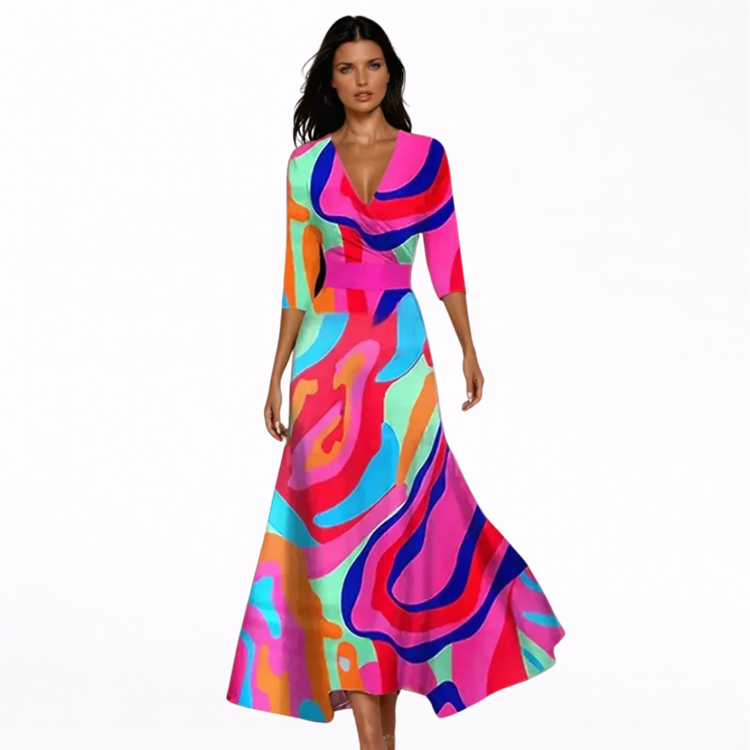 Women's V-Neck Long Sleeve Floral Maxi Dress - Wrap Elegant Style