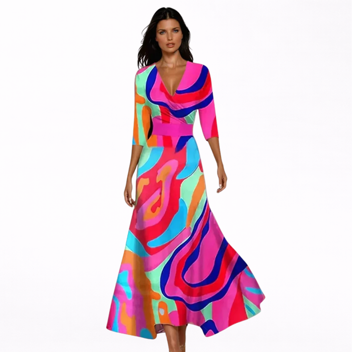 Women's V-Neck Long Sleeve Floral Maxi Dress - Wrap Elegant Style