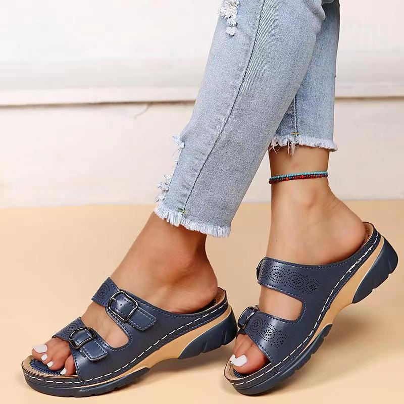 Sandalias abiertas de cuero para mujer con hebillas – Zapatos ortopédicos de verano cómodos