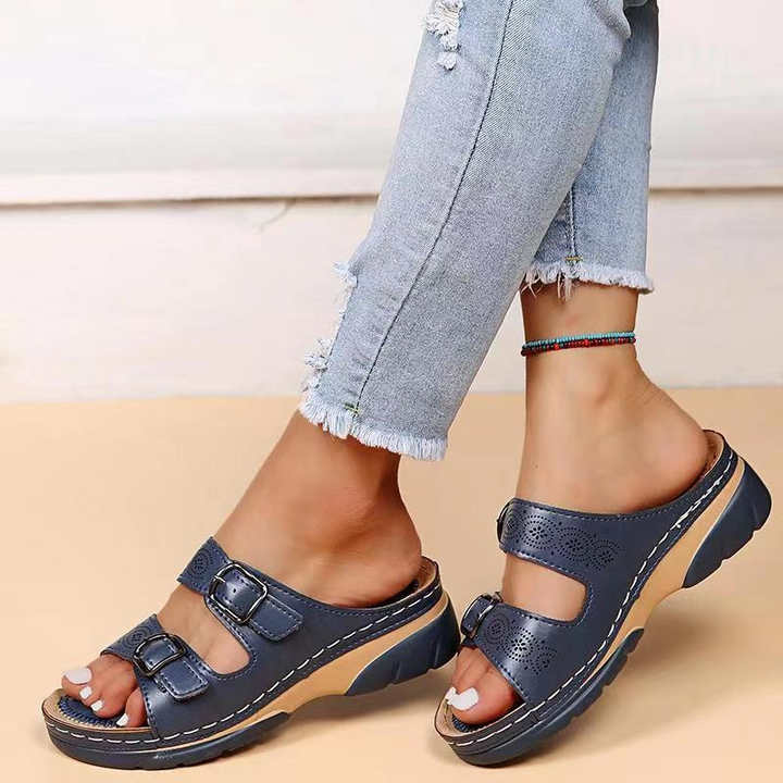 Sandalias abiertas de cuero para mujer con hebillas – Zapatos ortopédicos de verano cómodos