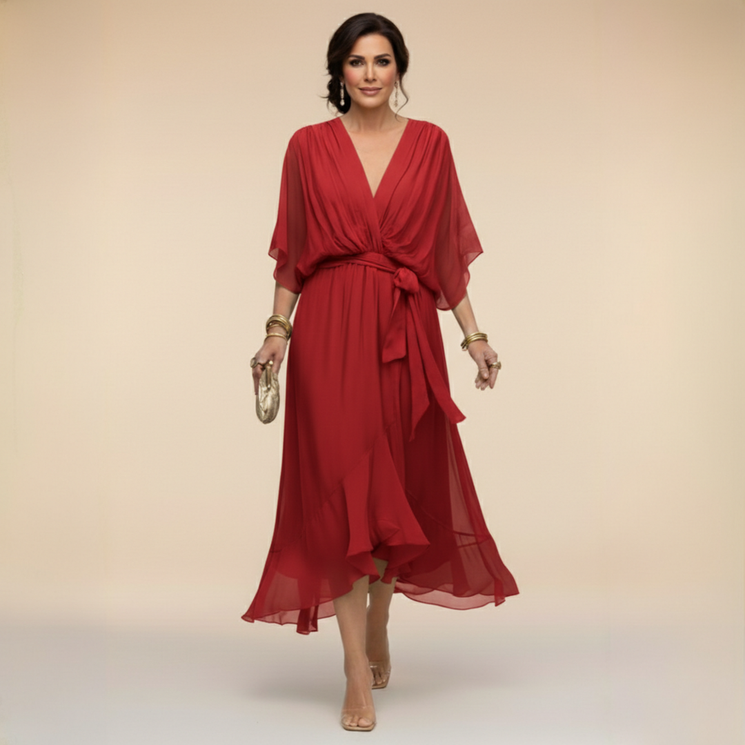 Elegant flared chiffon midi dress with V-neck and belt for women – Perfect dress for wedding guests