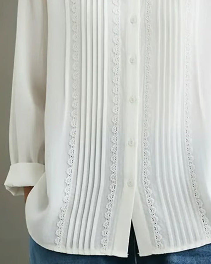 Damen Weiß Pintuck Spitzenbesatz Langarmhemd – Elegantes Feminines Oberteil