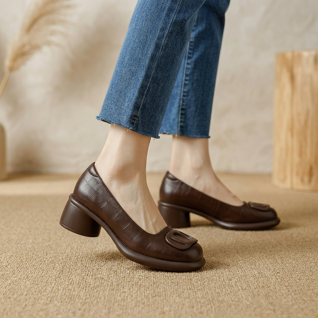 Women's Brown Closed Leather Shoes with Block Heels – Stylish Comfortable Footwear