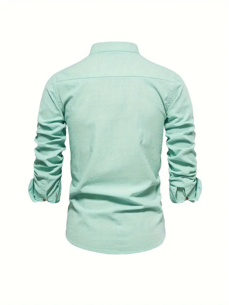 Men's Stand Collar Button-Down Shirt - Stylish Long Sleeve