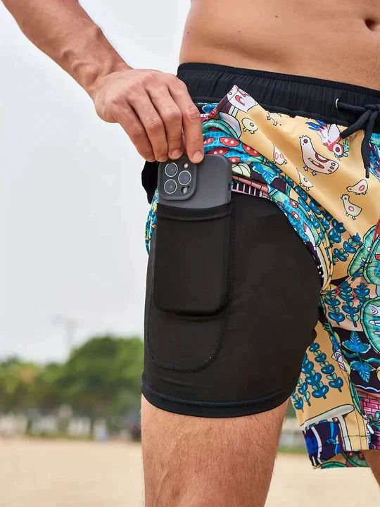 Men's Quick-Drying Swim Shorts with Compression Inner Shorts – Sporty Beach Shorts