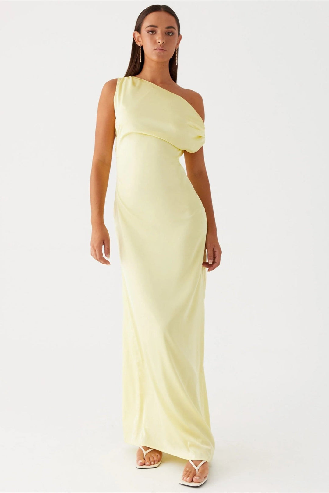 Women's Solid Color Maxi Dress with Asymmetric Neckline – Evening Dress