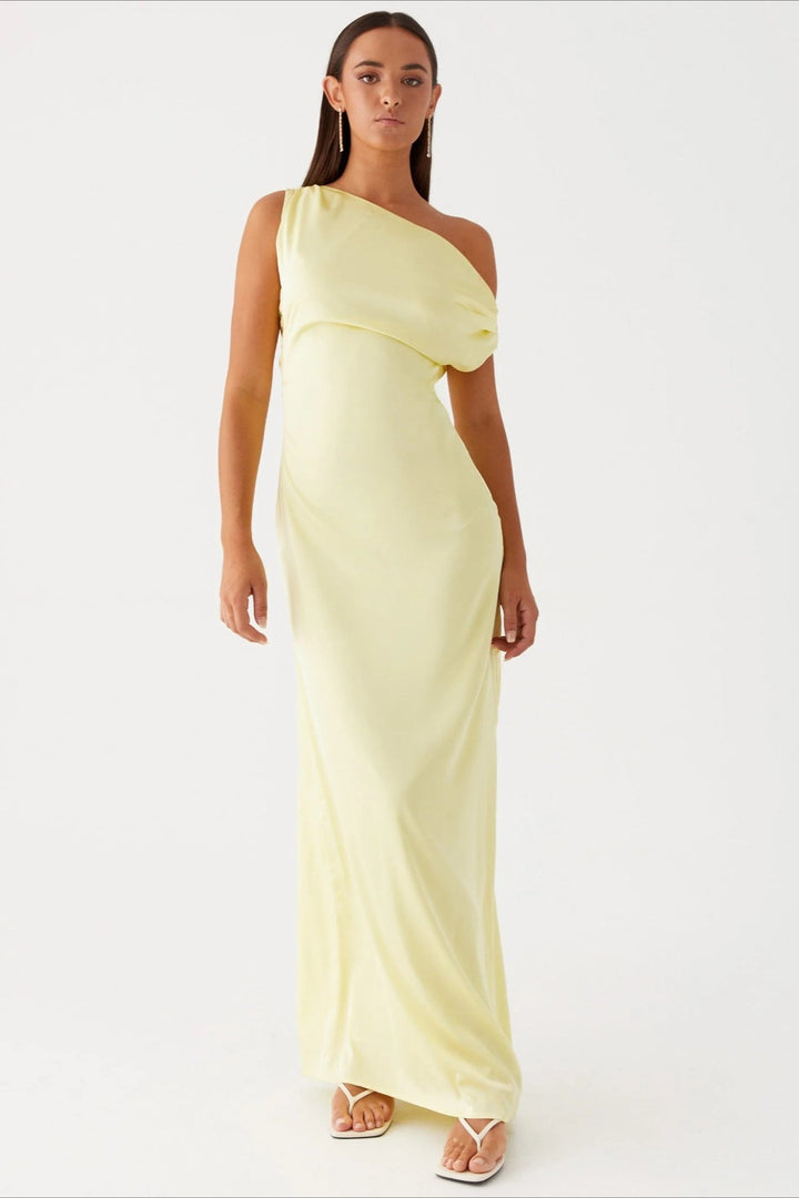 Women's Solid Color Maxi Dress with Asymmetric Neckline – Evening Dress