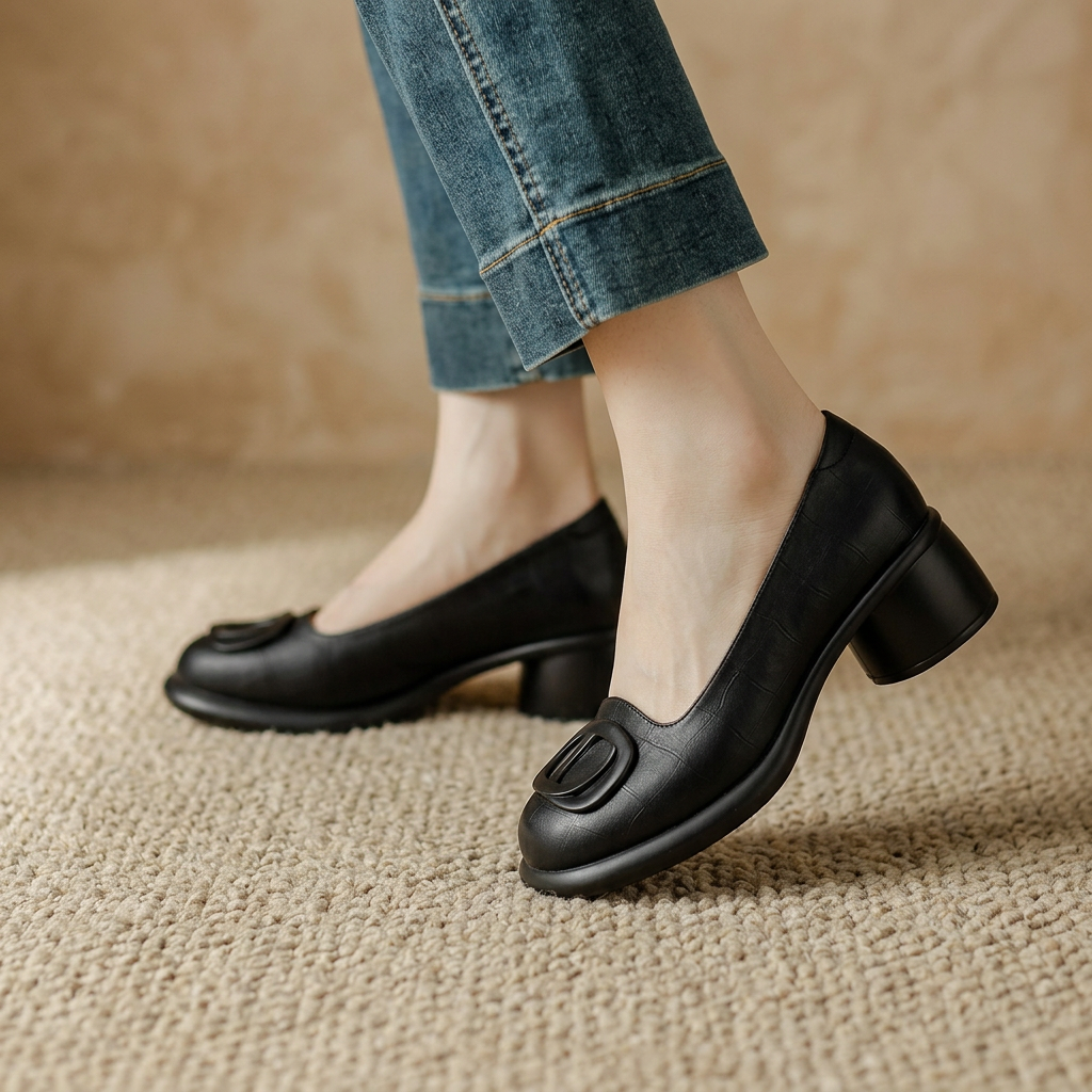 Women's Brown Closed Leather Shoes with Block Heels – Stylish Comfortable Footwear