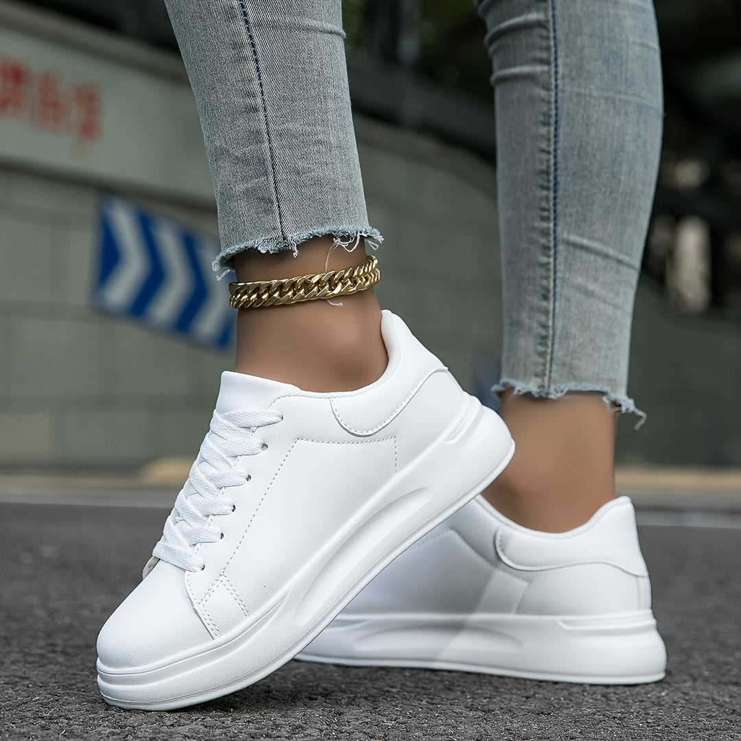 Damen Weiße Textil Schnür-Sneaker – Lässige Orthopädische Walking Turnschuhe