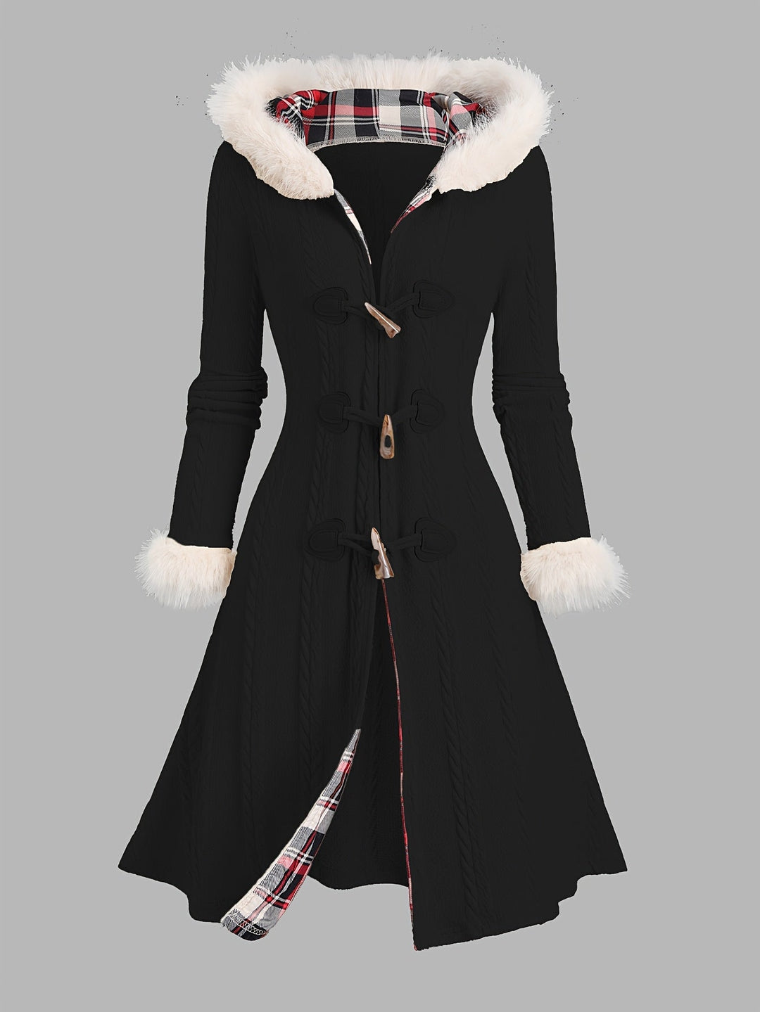 Nadia | Damen Longline Mantel mit Fellbesatz und Kapuze