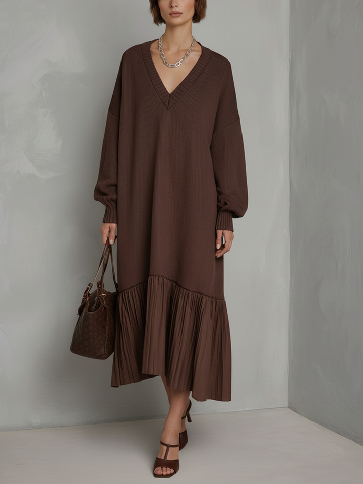 Braunes Strick-Midikleid mit Plisseesaum