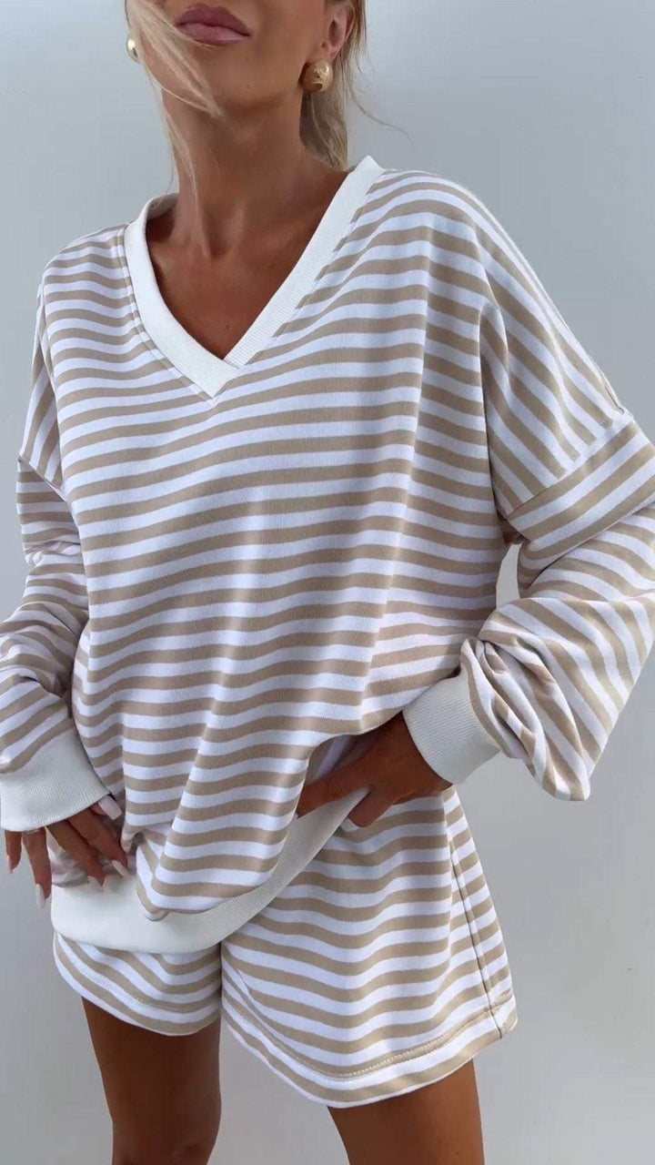 Ensemble deux pièces rayé à manches longues pour femme avec col en V – Tenue décontractée