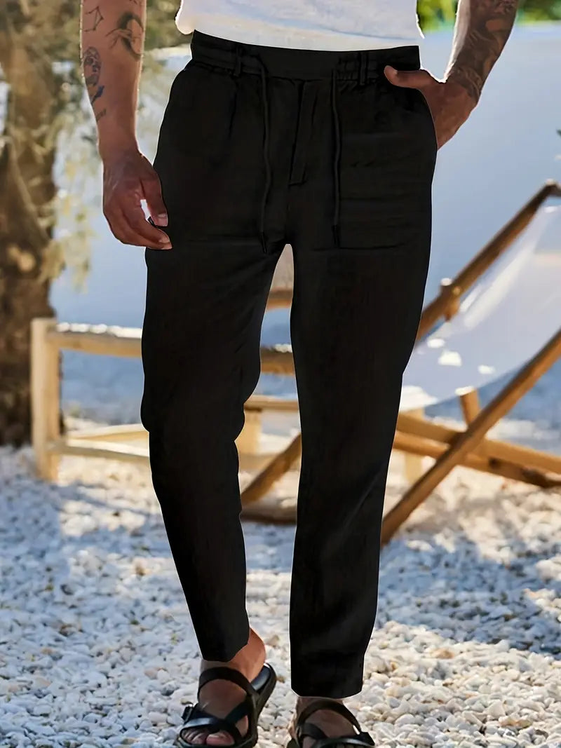 Men's Wide-Cut Linen Pants – Casual Summer Pants with Drawstring