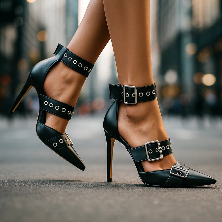 Escarpins à talons aiguilles à boucles cloutées style gothique pour femmes – Chaussures stiletto remarquables